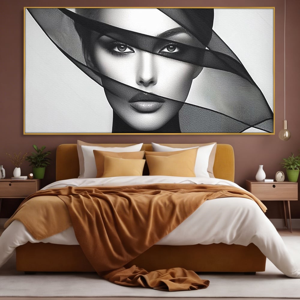 Tablou canvas cu tablou canvas cu femeie si voal negru, in rama de aluminiu auriu, pe perete intr-un dormitor